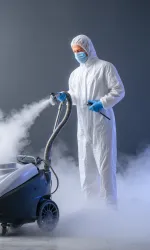 Pracownik z maszyną służącą do czyszczenia suchym lodem